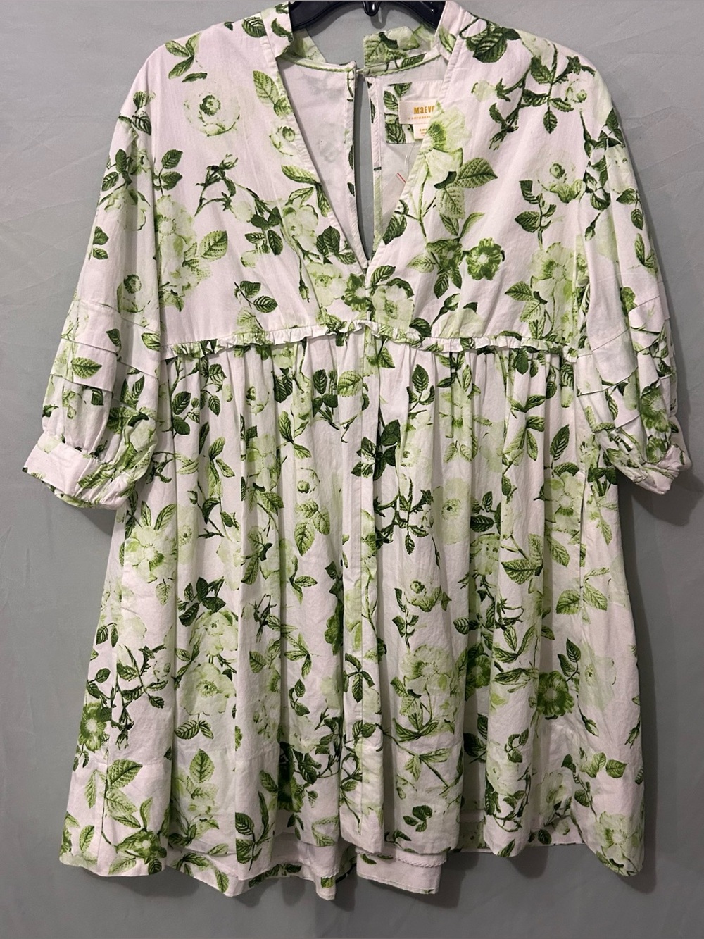 NWT Maeve Anthropologie Green Floral V-Neck Babydoll Puff Sleeve Mini Dress S